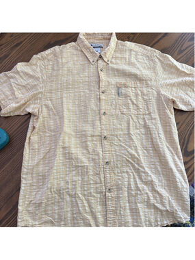 Columbia Mens Shirt Yellow Extra Large XL Short Sleeve Plaid Outdoor Hiking